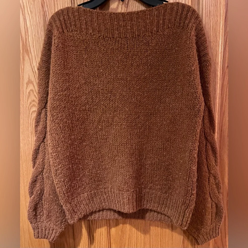 Madewell Cable-Sleeve Boatneck Boxy Cropped Wool Sweater in Saddle Brown Size XS